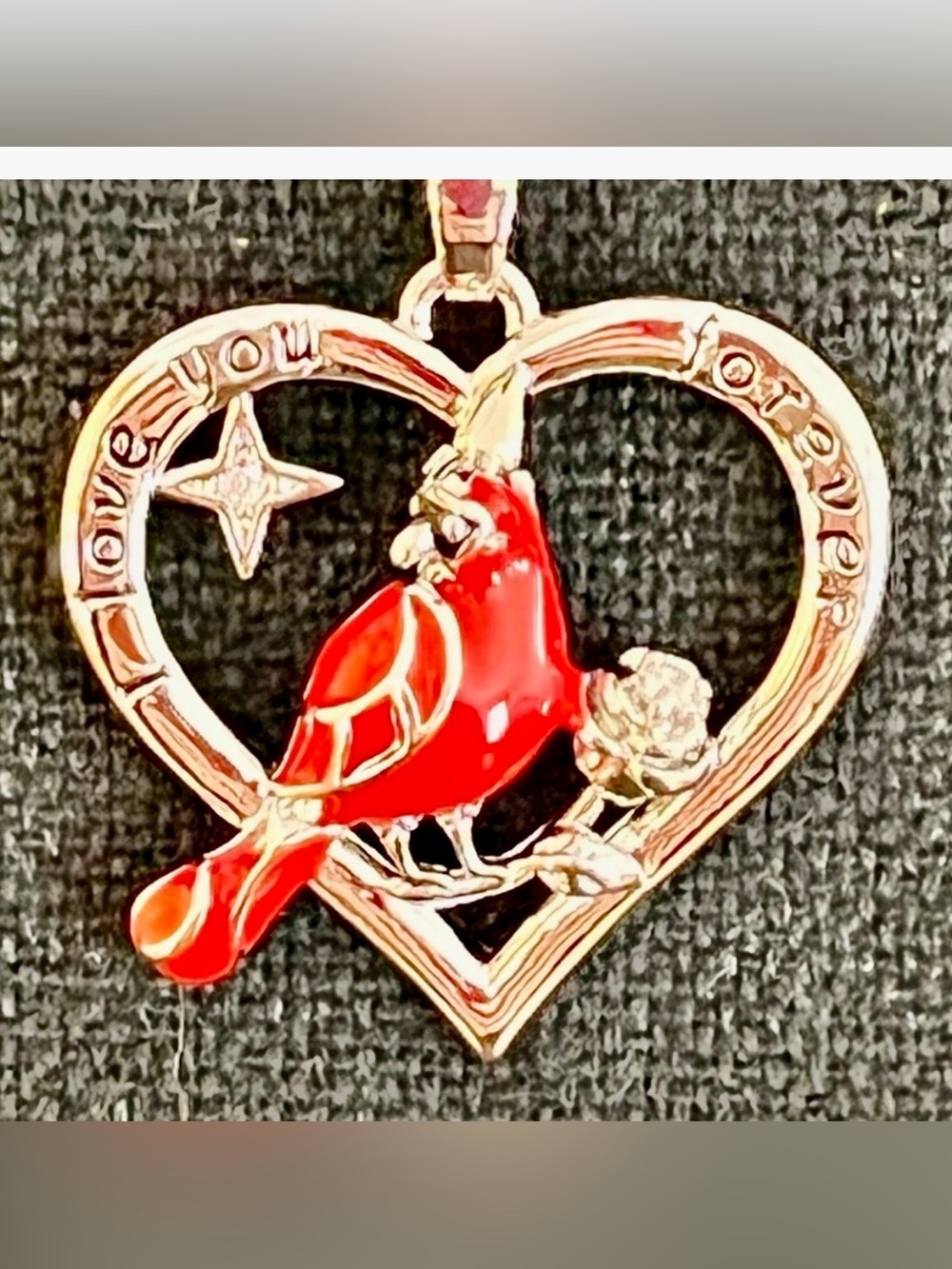 New Cardinal Heart Memorial Necklace I Love You Forever Silver Tone Rhinestones